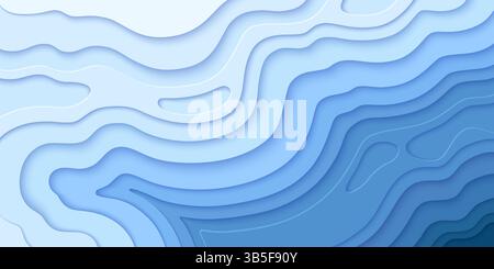 Layered papercut background of topographic map. Wavy cutout shapes form abstract terrain, sea or ocean water pattern from light to deep blue. Curved lines flowing composition, realistic backdrops. Stock Vector
