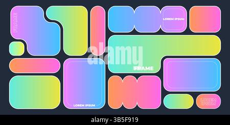 Colorful bento shape frames collection - rounded rectangle blocks, neon gradient borders. Bright holographic liquid colors backgrounds. Trendy abstract graphic templates, ui elements, web page design. Stock Vector