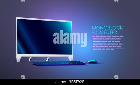 Monoblock computer. Office monoblock computer keyboard, mouse stand on table in perspective. Computer monitor is turned off. Desktop pc template for b Stock Vector