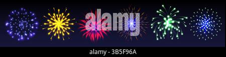 Firework explosion effects set - festive colorful bursts blue and yellow, red and green. Sparkling light trails, glowing stars collection. Bright holiday celebration design elements on dark background Stock Vector