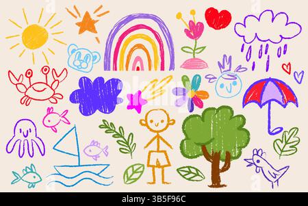 Kids hand drawn crayon images set isolated on white background. Vector realistic illustration of cartoon boy, summer rainbow, sun, flower, sea crab, fish, umbrella and rainy cloud, color chalk icons Stock Vector