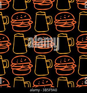 Seamless pattern of burgers and beer mugs in neon outline on black background Stock Vector