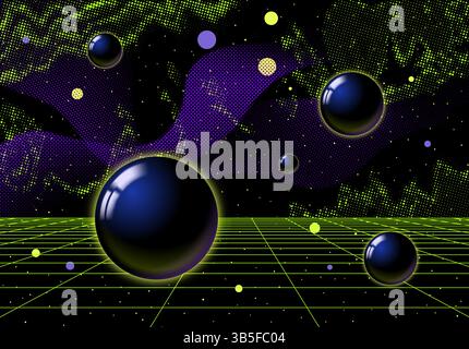 Retro-futuristic digital artwork with glossy spheres, neon grid, and halftone textures, in a sci-fi landscape. Stock Vector