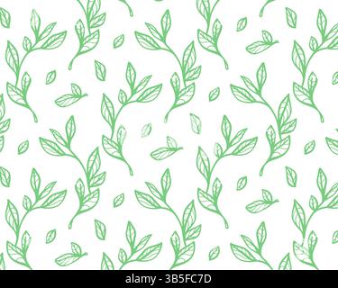 Seamless vector pattern with green leaves brush branches. Olive, eucalyptus, and laurel twigs in modern ornament style. Hand-drawn ink texture with ab Stock Vector