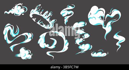 Cartoon smoke clouds set. Vector white steam, mist, aroma or toxic vapor puffs. Dusty, flowing smoke elements for design, effects, and illustrations o Stock Vector