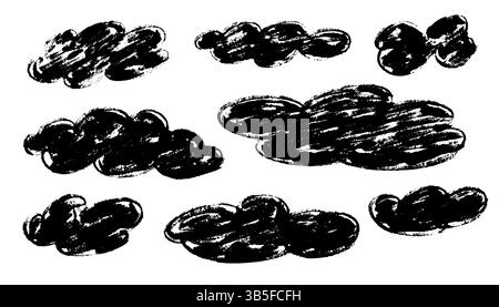 Black fluffy pencil drawn clouds in childish style. Naive doodle sky icons with rough pastel chalk texture. Cute hand drawn vector illustration for ki Stock Vector