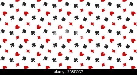 Seamless pattern with red and black crayon drawn hearts, diamonds, clubs, spades. Gambling game, casino symbol vector illustration. Hand drawn vector Stock Vector