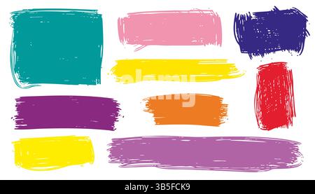 Colored grunge square template backgrounds. Hand-drawn brush strokes with vintage painted squares and rectangular shapes. Dirty grunge frames for text Stock Vector