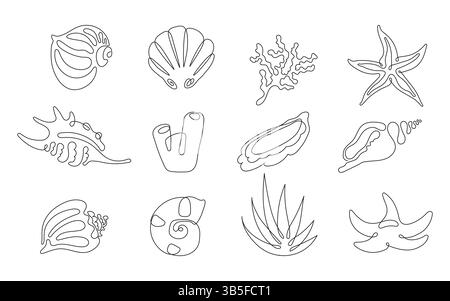 Minimalist one line seashell illustration. Hand-drawn continuous line art of ocean shell, perfect for modern coastal decor, logo design, tattoos, pack Stock Vector