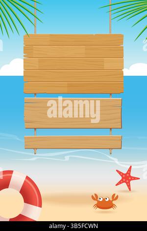 summer wooden sign on tropical beach background Stock Vector