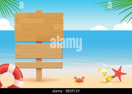 summer wooden sign on tropical beach background Stock Vector