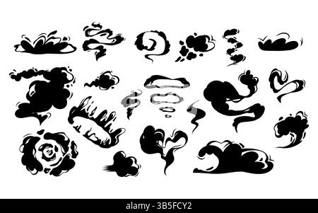 Vector smoke set with special effects. Cartoon steam clouds, puff, mist, fog, and dust explosions in 2D VFX style. Clipart for games, print, advertisi Stock Vector