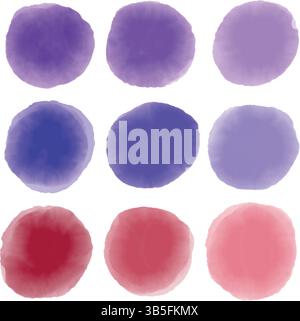 Nine Vibrant Watercolor Vector Circles in Red and Purple Hues Stock Vector
