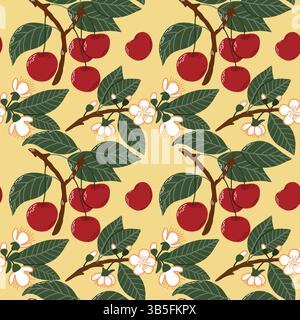 Seamless Pattern of Cherry Branches with Blossoms on a Yellow Background Stock Vector