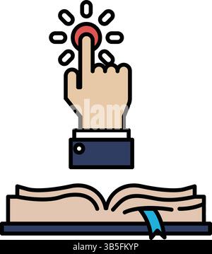 A hand pointing to a button on a book. The button is red and the book is open Stock Vector