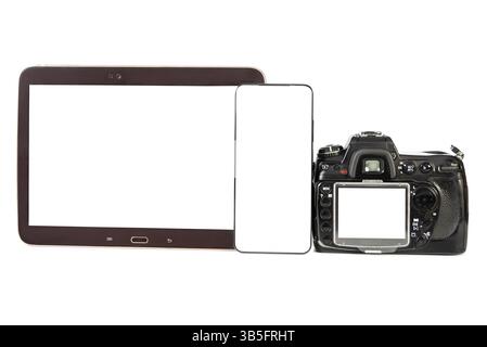 A camera, smartphone, and tablet are arranged side by side, showcasing various tools for capturing images and creative projects inside. Stock Photo