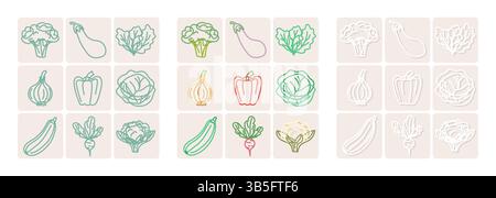 Set of vegetable icons in outline style on beige background Stock Vector
