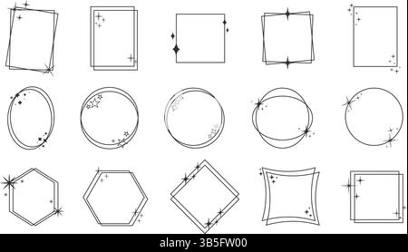 Set frames with sparkles and stars. Round oval, square rectangular templates with effect of shine and glitter. Design blank for postcards, invitations Stock Vector