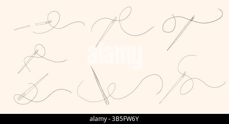 Hand drawn needle with thread doodle simple icon, line embroidery decoration. Curvy thread sewing, tailor tool silhouette.  Stock Vector
