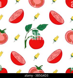 Pattern for textile or kitchen in hand draw style. Tomato. Seamless vegetable pattern. Print for design, textile, fabric, wallpaper, wrapping paper, d Stock Vector