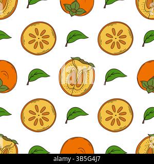 Persimmon. Pattern for textile or kitchen in hand draw style. Seamless fruit pattern. Print Stock Vector