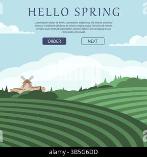 Spring travel advertising background. Summer landscape of nature, spring wheat fields banner. Farmland flat 2d cartoon flat banner. Vacation and journ Stock Vector