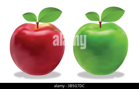 Realistic red and green apples with leaves, isolated on white background – fresh fruit vector illustration, healthy food and nutrition design. Stock Vector