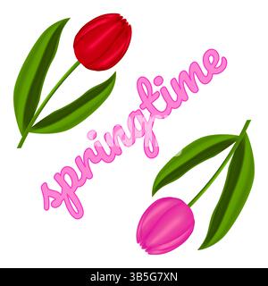 Vibrant delicate 3D red and pink tulips with green leaves, featuring - springtime - text on a white background. Spring arrangement of flowers. Ideal f Stock Vector