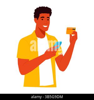 Young man using his mobile phone and credit card, making an online purchase. Modern, colorful, flat vector style. Stock Vector