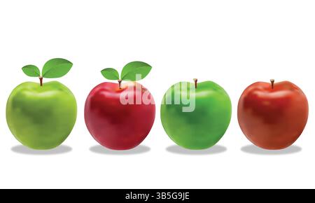 Realistic red and green apples with leaves, isolated on white background – fresh fruit vector illustration, healthy food and nutrition design. Stock Vector