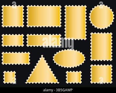 Set of golden plaques with jagged edges. Frames of different shapes in metallic gold color. Template with copy space. Vector element Stock Vector