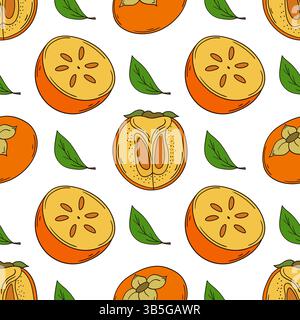 Persimmon. Pattern for textile or kitchen. Seamless fruit pattern in hand draw style. Print for design, textile Stock Vector