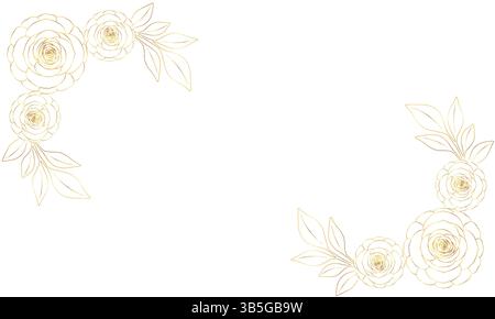 Top view of golden flowers and leaves, Golden luxury floral lines. Vector illustration of hand drawn botanical decorative frame corners. Stock Vector