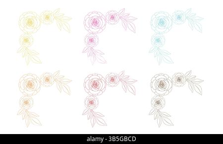 Set of six beautiful colorful floral frame corners. Vector illustration of hand drawn botanical decorative frame corners in line art. Stock Vector