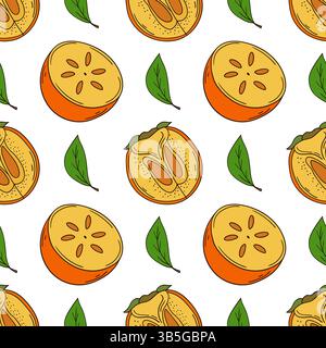 Pattern for textile or kitchen in hand draw style. Persimmon. Seamless fruit pattern. Print for design Stock Vector