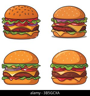 Four Cartoon Style Cheeseburgers for Food Themed Design Stock Vector