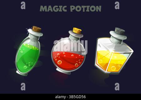 Three MAGIC POTIONS. Bottles with magic potions and poisons. Vector set of glass flasks and vials with different color liquid potions. Game icon of Stock Vector