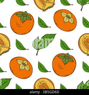 Pattern for textile or kitchen in hand draw style. Seamless fruit pattern. Persimmon. Print for design, textile, fabric, wallpaper Stock Vector
