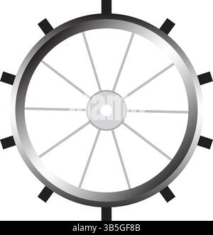 Black and silver ship steering wheel illustration with multiple spokes and rim detailing, representing marine navigation, control, and sailing Stock Vector