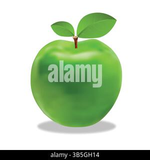 Realistic green apple with leaf, isolated on white background – fresh fruit illustration, healthy food concept, vector style. Stock Vector