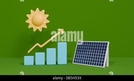 3D scene with solar panel and rising graph on green background ...