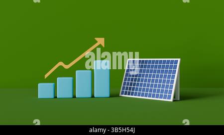 3D scene with solar panel and rising graph on green background ...