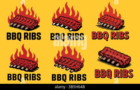 Delicious BBQ Ribs Graphic Design Set on Mustard Yellow Background Stock Vector