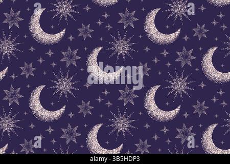 Starry night sky pattern, confetti dotted crescent moons and stars on dark navy celestial background, mystical dreamy design, seamless vector pattern, Stock Vector