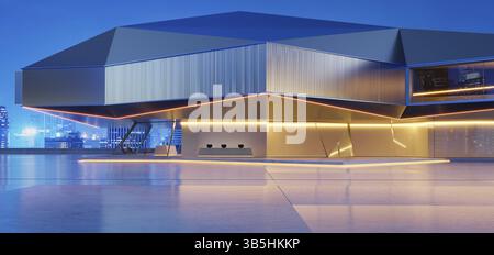 Horizontal view of empty cement floor with steel and glass modern building exterior. Night scene. Photorealistic 3D rendering Stock Photo