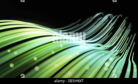 Wave lines trails flowing dynamic in green colors isolated on black background. AI technology, science, digital and communication concept. 3d renderin Stock Photo