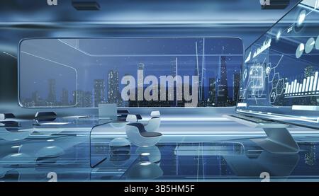 Modern sci-fi futuristic interior office design with green wall plant and beautiful night scene cityscape view. 3d rendering Stock Photo
