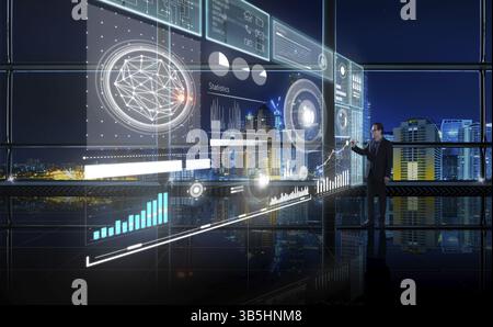 Smart financial analytics working at modern office with big data, connections icon, internet of things, financial charts and graph virtual screen Stock Photo