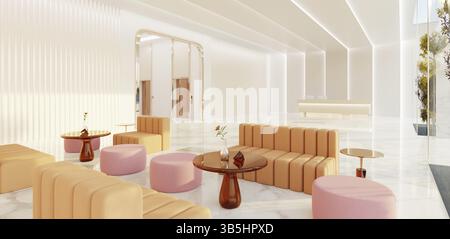 Interior of modern entrance hall in modern office building with reception counter and waiting area lobby. 3d rendering mock up Stock Photo