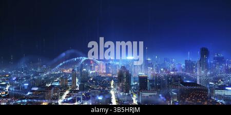 Smart city and abstract dot point connect with gradient line and aesthetic Intricate wave line design, big data connection technology concept . 3d ren Stock Photo